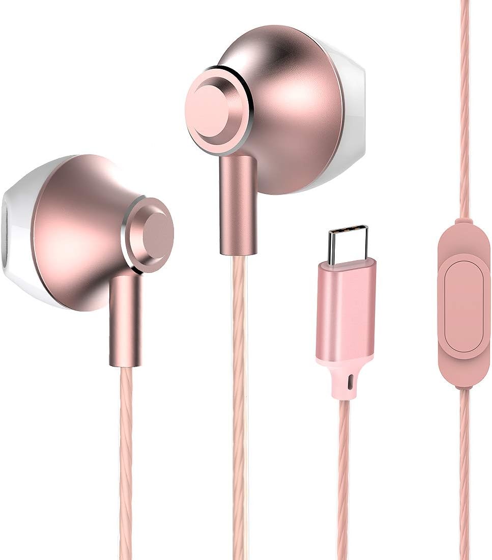 USB Type C Earbuds, Stereo Bass Noise Cancelling Earphbones for Sport,Headsets Compatible with Google Pixel 2/XL, Xiaomi,Huawei and More (Rose Gold)