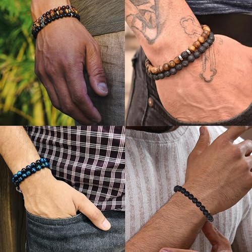 FIRAZIO 10 Pcs Tiger Eye Bracelet For Men 8MM Natural Stone Beads Bracelet Set Stretch Lava Rock Bracelets Adjustable Black Crystal Beaded Bracelet for Men Women Gifts2