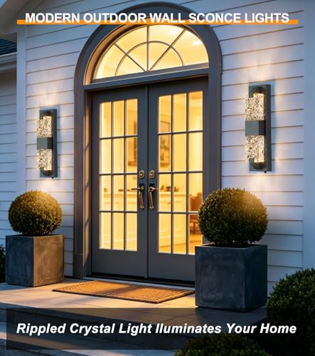 Image of Outdoor Wall Light Dusk to Dawn 12W LED | 15.3'' Exterior Wall Sconce, Crystal Modern Style, Wall Mounted, for Porch, Patio, Hallway, Backyard, Black
