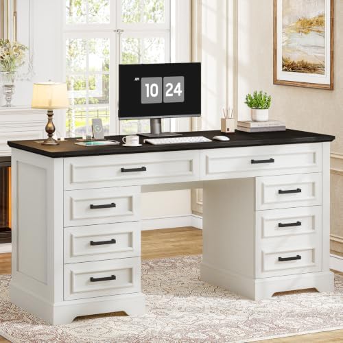 Vabches Farmhouse Executive Desk with Charging Station, White and...