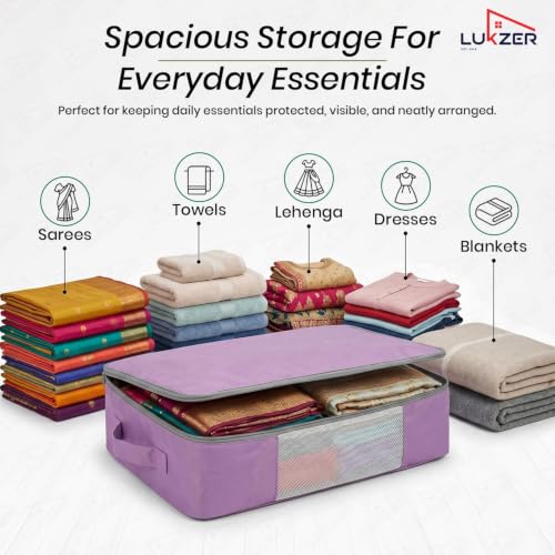 Image of Lukzer Nylon Clothes Storage Box /Saree Cover /Bags with Zip & Mesh Window Foldable Clothes Storage Organizer for Wardrobe /Lehenga /Dress /Shirts /Quilts /Sarees | (45 x 33 x 14.5 cm) Lavender - Pack of 6