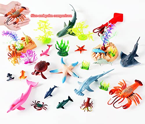 Qiandier Sea Animal Figures Realistic Marine Playset Toy Great Ocean Creatures Dolphin Sharks Whales Fish Includes Storage Bucket Decorative Accessories #TOP1