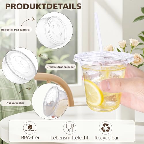 KesaPlan 100 Stück 350ml Plastikbecher mit Deckel, Wiederverwendbare Plastikbecher Plastik Trinkbecher für Eiskaffee, Smoothie, Saft, Limonade, Kalte Getränke
