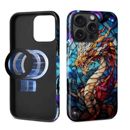 Case for iPhone 16 Pro Max [Compatible with MagSafe], Glossy Soft Silicone + Hard PC Anti-Scratch Shockproof Protective 2-in-1 Case for Men Women - Stained Glass Dragon