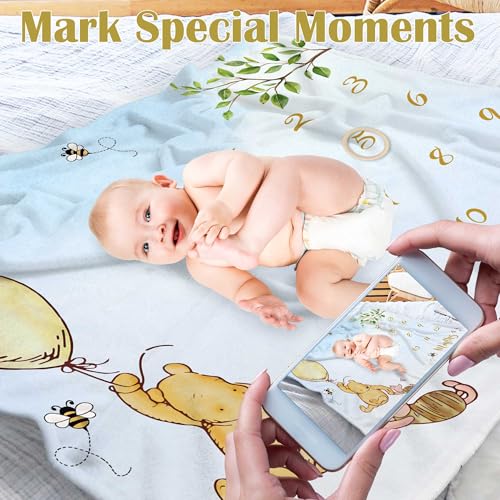 Image of Classic Winnie Baby Milestone Blanket with Wooden Marker, First Year Monthly Growth Mat, Cute Baby Shower Milestone Monthly Blanket