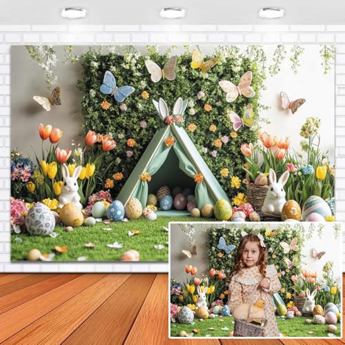 Leowefowa 8x6.5ft Spring Easter Backdrop Spring Garden Green Grass Tent Floral Butterfly Easter Bunny Egg Backdrop for Photography Background Spring Party Decor Festival Photo Banner Props Vinyl