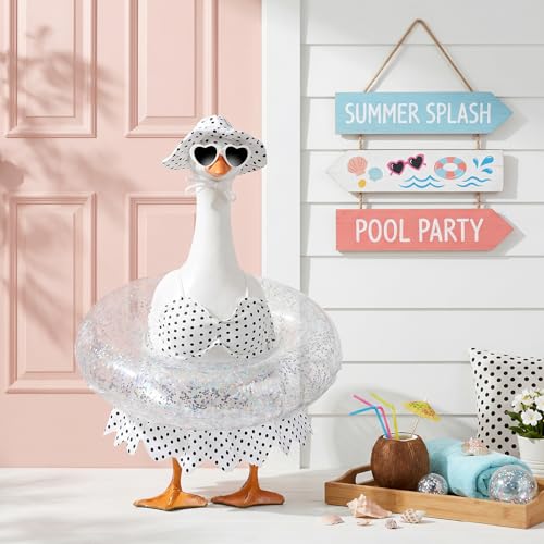yuboo Summer Porch Goose Outfits for 23 Inch Goose, 5 Piece Hawaiian Bikini Goose Clothes with Swimming Ring, Sunglasses, Hat and Skirt, White Goose Statue Outfit for Pool Party Garden Yard Decor — view 4