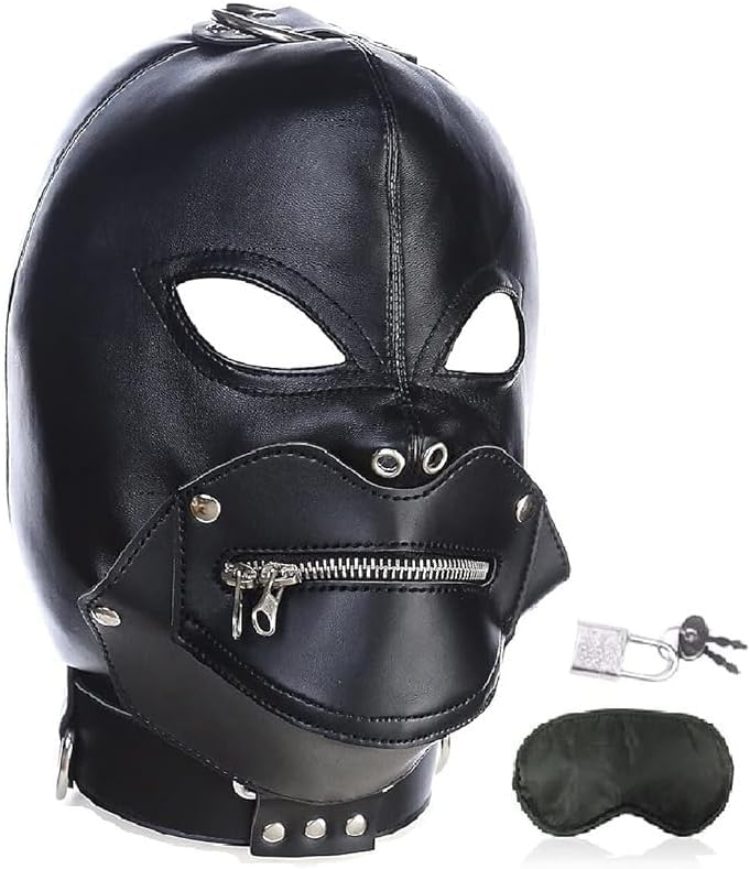 Leather Masquerade Breathable Face Masks, Adjustable Leather Head Full Face Mask for Costume Halloween Party Hood Masks