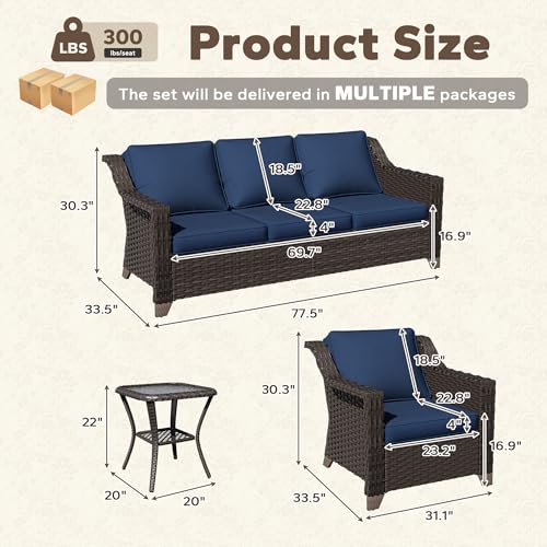 Image of 4 Piece Patio Furniture Set, Wicker Outdoor Conversation Set | Patio Chair Set with Olefin Removable Cushion, All-Weather Outdoor Couch with Deep Seat for Porch, Deck and Backyard, Blue