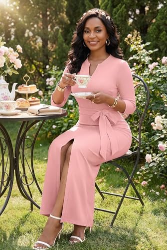 Image of Nmoder Long Maxi Dress for Women, Pencil Church Bodycon Dress Front Split | 3 /4 sleeve v neck, curvy tea party work semi formal cocktail funeral date bridesmaid dress, colorblock, m-3xl