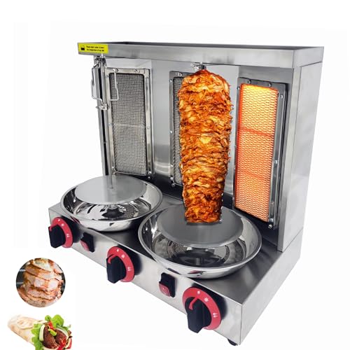 INTSUPERMAI Shawarma Grill Machine LP Gas Doner Kebab Machine Vertical Broiler Gyro Machine Meat Roasting Machine with 3 Burners Countertop Rotating Doner Kebab Oven for Home Commicial Restaurant Use