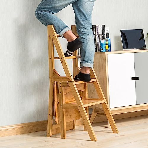 Taburete de escalera plegable en madera con 4 escalones estables de doble uso doméstico 5