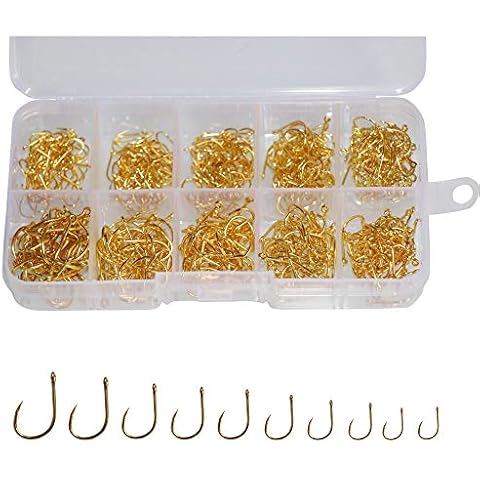 300pcs Small Fishing Hooks Black High Carbon Fishing Hooks Set 6 Sizes with a Plastic Box (500pcs Gold) Cover