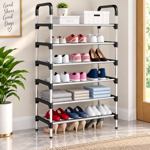 Image of Metal Shoe Rack for Home - Adjustable & Stackable Waterproof Open 5-Tier Shoe Rack for Closet Entryway, Bedroom, Outdoor,Multi-Purpose Carbon Steel Shoe Stand (Black, 6-Shelf)
