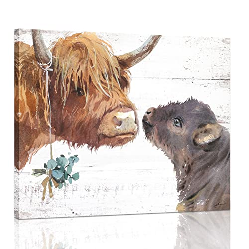 Image of Highland Cow Canvas Wall Art: Cow Pictures Wall Decor for Nursery Room,Cow Painting Wall Decor for Bedroom Living Room Kitchen,Rustic Farmhouse Wall Art Prints Hanging Wall Posters 12"x15"