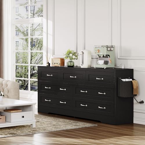 DWVO Farmhouse 7 Drawer Dresser for Bedroom, 59" Wide Large Modern Dresser TV Stand with Drawers & Bar Handles, Storage Dressers with Power Outlets, Rustic Wood Chest of Drawers, Black Upgraged