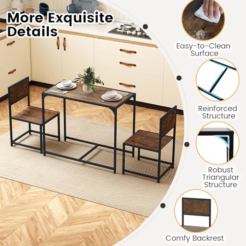 COSTWAY Small Dining Table for 2, Industrial Table and Chairs Set w/Metal Frame, Wood Grain Surface, 3-Piece Dinette Set, Space-Saving Kitchen Table Set for Small Place, Apartment, Home (Rustic Brown) - Thumbnail 4