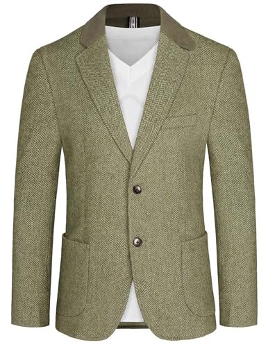 PJ Paul Jones Herren-Blazer mit Fischgrätenmuster, Vintage-Tweed-Wollmischung, Sakko, Jacke, Olivgrün, L