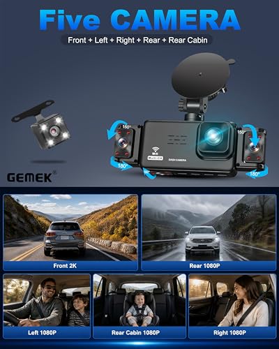 5 Channel Dash Cam 360° View 5G WiFi & APP Control, GEMEK 2K Front and Rear Inside, Left Right Dash Camera for Cars Free 64GB TF Card, G-Sensor, Night Vision, 24H Parking Mode — view 4