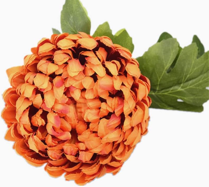 5pcs Faux Round Pineapple Chrysanthemum Flower Branch with Green Leaves Artificial Big Callistephus Chinensis for Floral Arrangement (Orange)