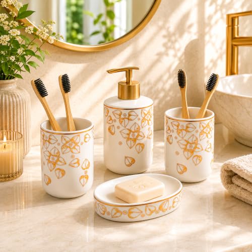 Image of Market99 Ceramic Bathroom Set Glossy White and Golden with Sophisticated Leaf Design, Includes Soap Dispenser, Tumbler, Toothbrush Holder, and Soap Dish for Coordinated Bathroom Style, 300ML Capacity