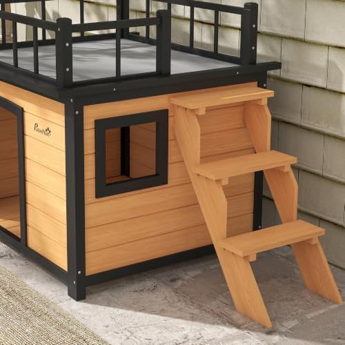 PawHut Hundehütte Hundehaus mit Balkon mit Treppe 121 x 77 x 78 cm Gelb