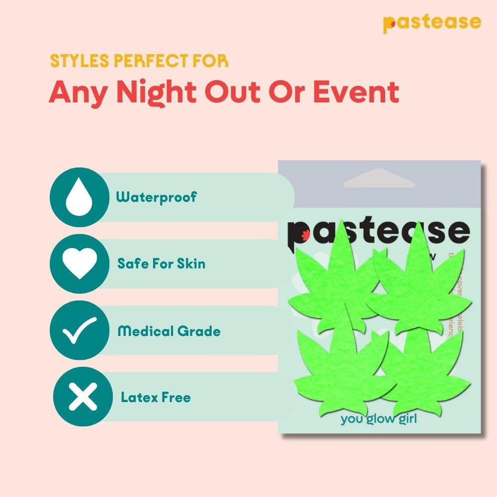 PASTEASE Weed Leaf Pasties - Nipple Covers for Festivals, Raves, & Lingerie | Costume Accessory | Waterproof | Made in USA