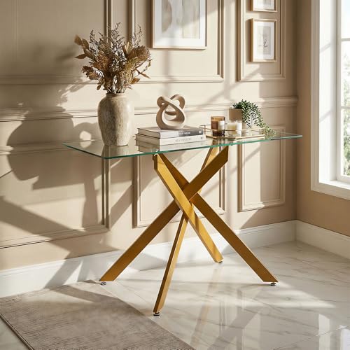 SOARS Tavolo Consolle in Vetro Temperato 115 x 45 x 78 cm, Consolle Ingresso Telaio Robusto con Gambe in Metallo Incrociate e Piedini Regolabili, Salvaspazio, per Soggiorno e Corridoio