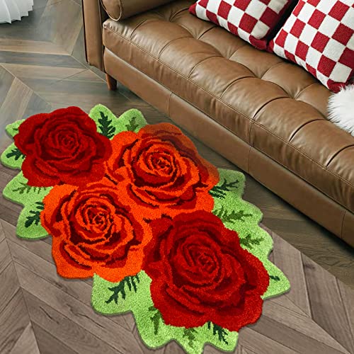 Ustide 4 Red Roses Rug,Handmade Bathmat Floral Rug Girls Bedroom Rug Washable Non-Slip Carpet Shaggy Bathroom Mat Living Room Rug, Non Slip Bath Mat, Luxury Bathroom Floor Mats Kitchen Mat #TOP2