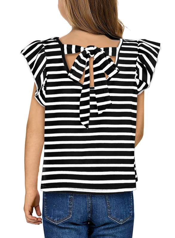 Girls Ruffle Short Sleeve Striped T Shirts Summer Cute V Neck Tie Back Tee Tops 6-15 Years