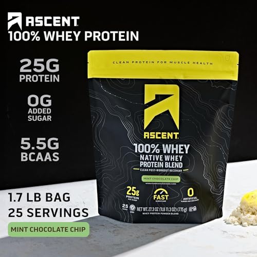 Image of Ascent 100% Whey Protein Powder - Post Workout Whey Protein Isolate, Zero Artificial Flavors & Sweeteners, Gluten Free, 5.5g BCAA, 2.6g Leucine, Military Exclusive, Mint Chocolate Chip 1.7 lb
