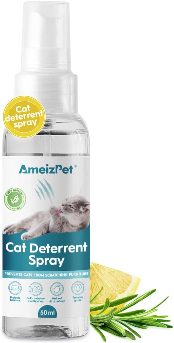 AmeizPet Cat Scratching Deterrent Spray, Cat Repellent Spray, Stop Cats Scratching Furniture, Carpets, Curtains and Plants, Safe and Effective Solution, Use Indoor & Outdoor, 1.69 fl oz (50 ml)
