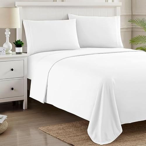 Flat Sheet Super King Size 100% Egyptian Cotton 200 Thread Count Super Soft Luxury Top Bed Sheet, White Hotel Quality Plain Bedding Sheet, Wrinkle & Fade Resistant