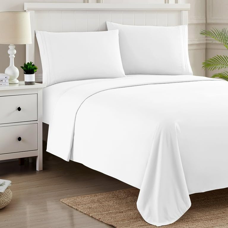 Flat Sheet Single Size 100% Egyptian Cotton 200 Thread Count Super Soft Luxury Top Bed Sheet White Hotel Quality Plain Bedding Sheet Wrinkle & Fade Resistant