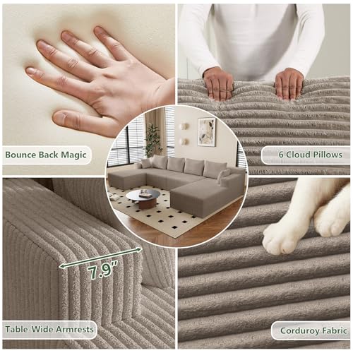 Image of 142 inch Cloud Sectional Boneless Couches for Living Room, Modular U Shaped Couch with 2 Chaise, Modern Comfy Deep Seat Corduroy Memory Foam Compressed Sofa for Apartment, Camel