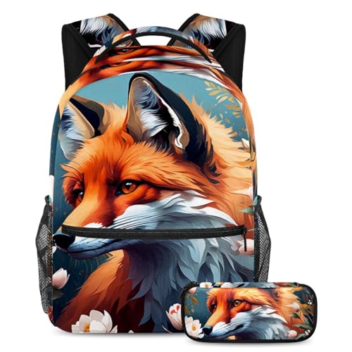 Sac à dos filles et garçons grand volume motif renard avec trousse d'école