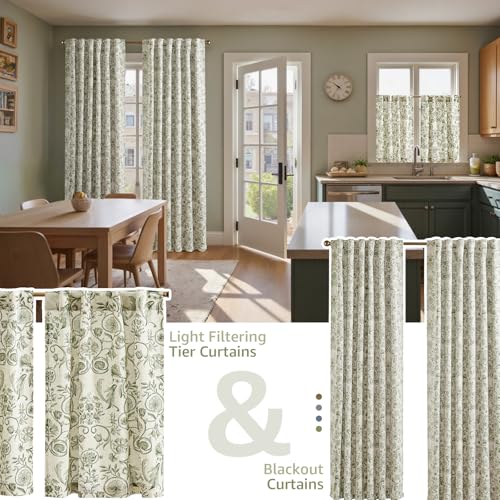 JINCHAN jinchan Blackout Curtains & Tier Curtains Bundle - Vintage Green Floral Print