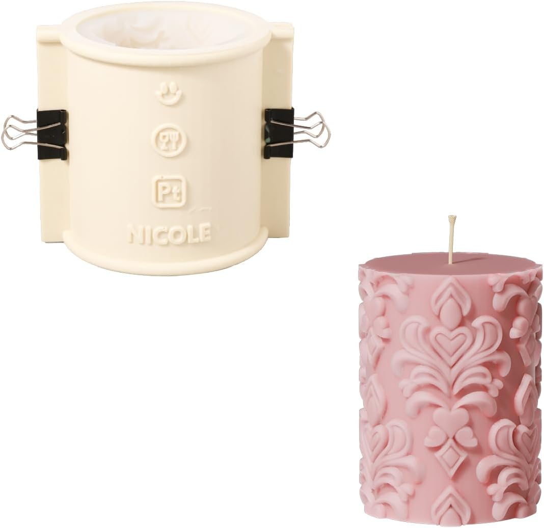 BOOWAN NICOLE Relief Pillar Candles Silicone Mold for Candle Making, Cylinder Round Candle Mould for DIY Handmade Handcrafted Home Decoration (LZ0663-2)