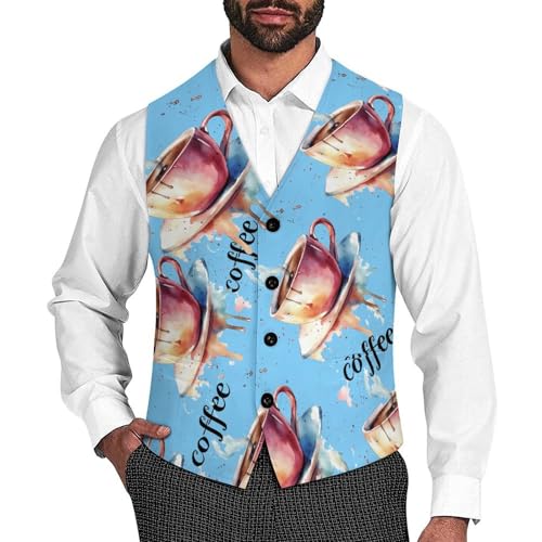 Coffee Cup Men's Suit Vests Business Formal Dress Vest V-Neck Waistcoat for Wedding Casual