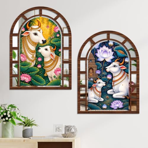 Image of Artvibes Traditional Kamdhenu Cow Decorative Home Accent | Jharokha Mirror Wall Decor for Living Room, Hall, Bedroom, Pooja Room & Dining Area | Gift for Spiritual Person (WHJ 12039N), Set of 2