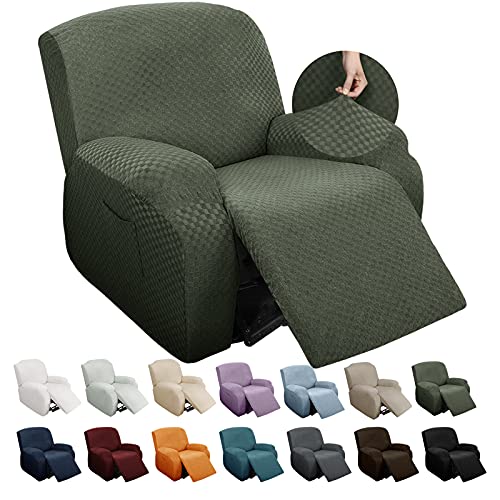 Image of YEMYHOM 4 Pieces Stretch Recliner Slipcover Jacquard Recliner Chair Cover with Side Pocket Anti-Slip Fitted Recliner Cover Couch Furniture Protector with Elastic Bottom (Recliner, Army Green)