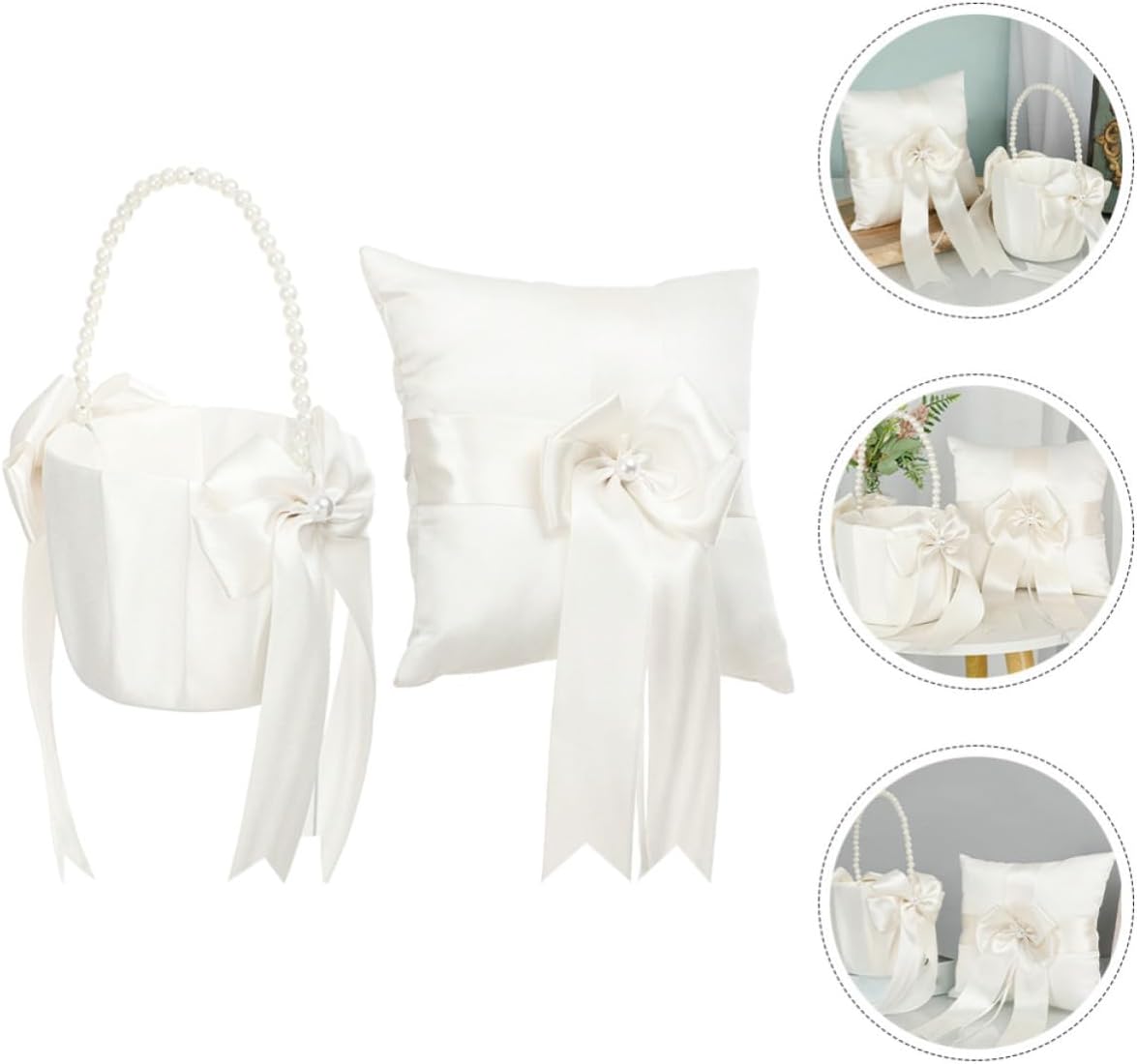 Wedding Ring Bearer Pillow, Flower Girl Basket Set and White Lace and Pearl Design, Romantic Atmosphere, Pu Material for Weddings for Engagement Ceremonies