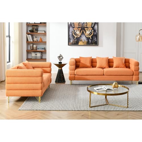 FEMICON 3-Seater + 2-Seater Combination Sofa, Streamline Modern Design, Orange Teddy Fabric