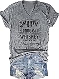 Women V Neck T Shirt Smooth as Tennessee Whiskey Sweet Shirt Vintage Country Music Tshirt Short Sleeve Tops(Gray,L)