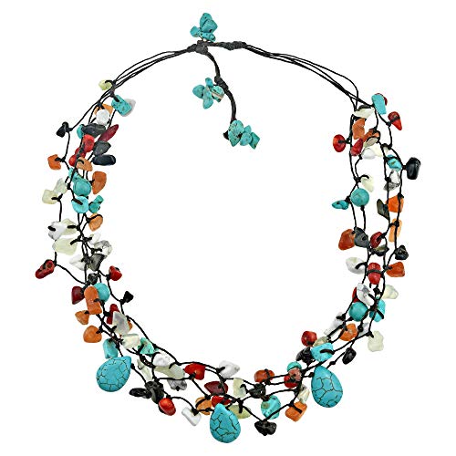 Aeravida Various Stone Cotton Wax Rope Multi Strand Necklace | Handmade Turquoise And Multicolor Quartz Necklace | Statement Necklace | Boho Jewelry #TOP1