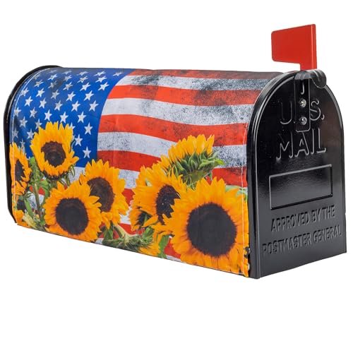 Spring-Summer Patriotic-USA-Flag Sunflower-Mailbox-Cover for Outdoor-Garden - American-Flag-Eagle-Decor Mailbox-Covers for Independence Day 4th of July Home Yard Decor 21x18inï¼ˆNo Magneticï¼‰