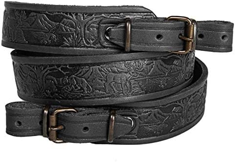 Rifle Sling Gun Shoulder Genuine Leather Adjustable Belt for Hunting Outdoor Tactical Shotgun Sling Strap Shotgun Embossed Black/Brown (Black)