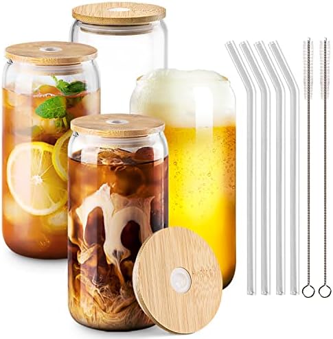Combler Glass Cups with Lids and Straws, 16 oz Drinking Glasses 4pcs Set, Iced coffee Cup Coffee Bar Accessories, Beer Can Glass Coffee Cups with Lids and Straw, Reusable Coffee Accessories Glassware