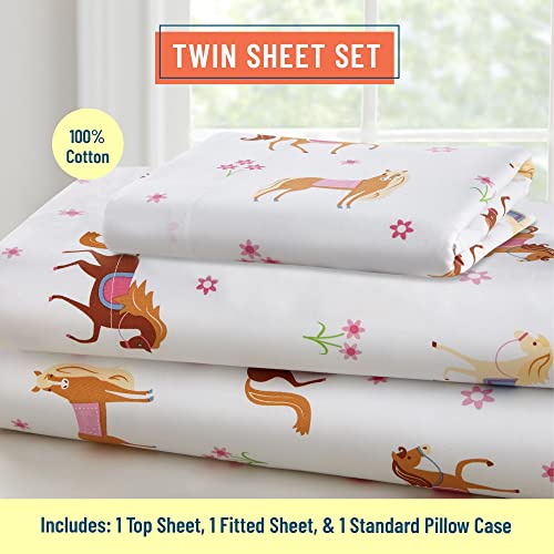 Wildkin Kids 100% Cotton Twin Sheet Set For Boys & Girls, Bedding Set Includes Top Sheet, Fitted Sheet, And One Standard Pillow Case, Ideal Bed Sheet Set For Cozy Cuddles (Horses) #TOP1