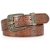 UpFind Western Leather Belts for Women Men Vintage Engraved Cowboy Cowgirl Belt with Antique Gold Pin Buckle for Jeans Dress